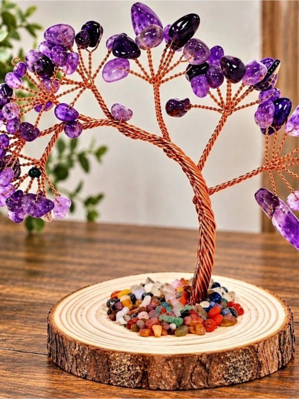 Amethyst Gemstone Crystal Tree of Life on Natural Wood Base